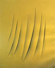 LUCIO FONTANA Concetto spaziale, 1962 Cementite gialla su tela cm 100x81