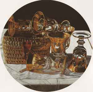 Bicchieri dorati con cestino, 1995. Olio su tela 0 cm. 100